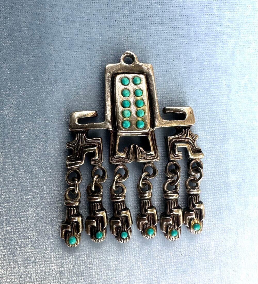 Mid Century Salvador Teran Marbel Mexico Turquoise Aztec Pendant Necklace